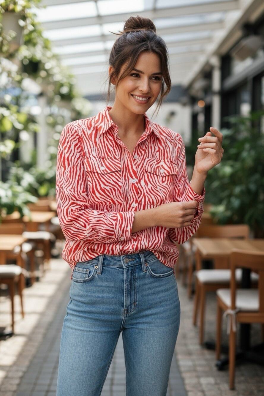 Jones New York Women's Red Zebra Button-Up Blouse Pockets Size L Versatile